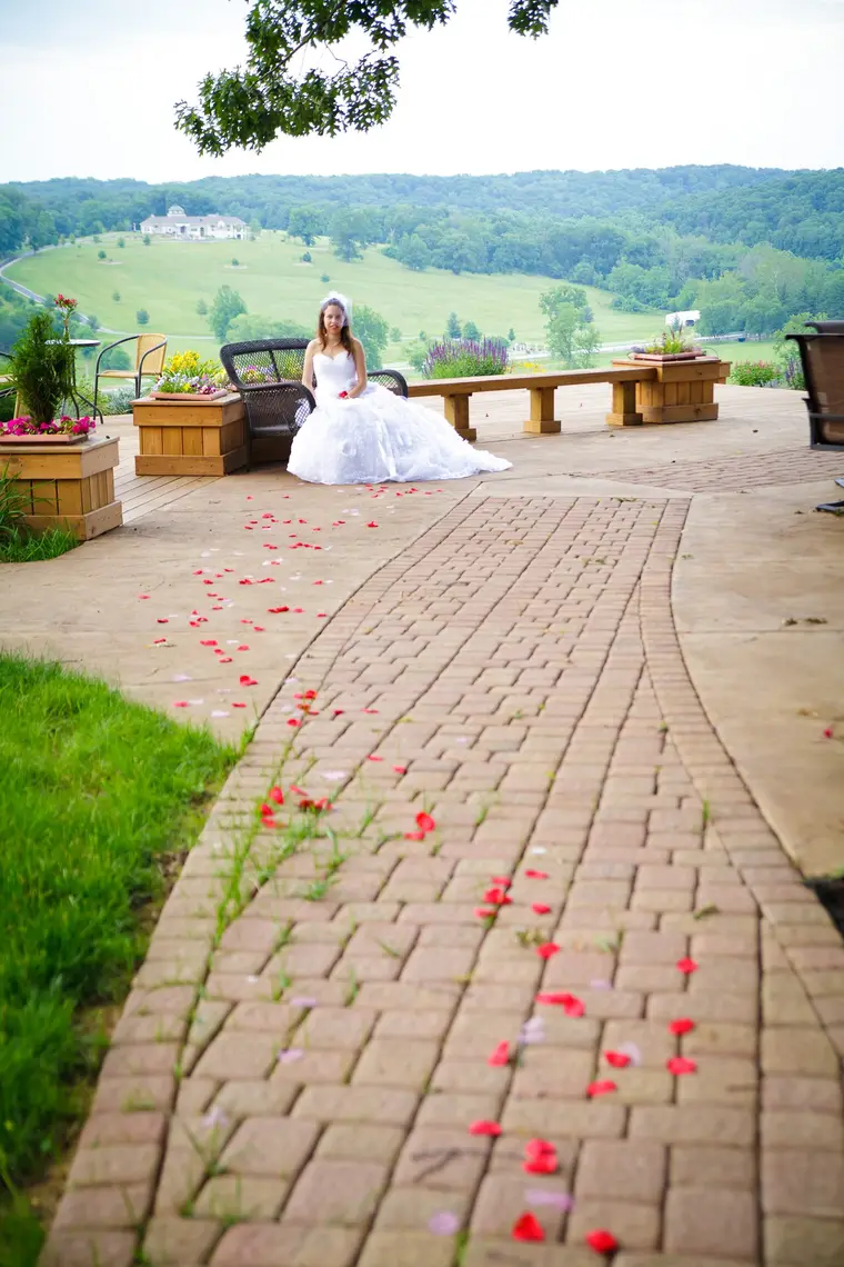 Bride on the brick path with rose petals