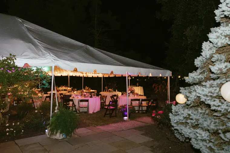 The tent glowing in the trees at night